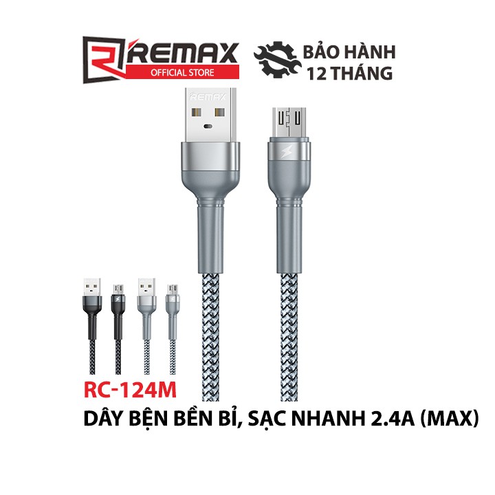 Cáp sạc nhanh cổng MicroUSB Remax RC-124m Data Jany Series thân bọc kim loại dài 1 mét max 2.4A