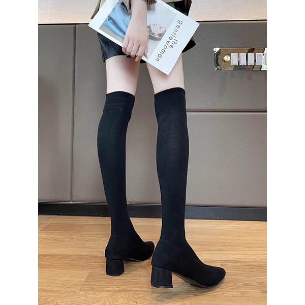 Boots đùi len mũi nhọn gót cao cao 5cm phong cách ulzzang | BigBuy360 - bigbuy360.vn