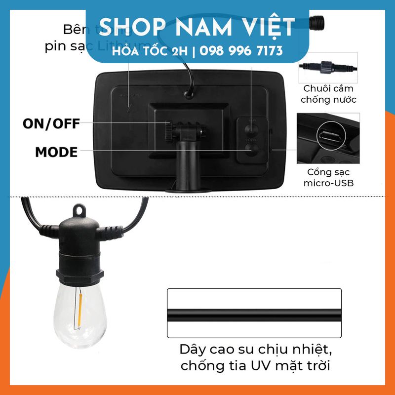 Dây Đèn LED Edison S14 Năng Lượng Mặt Trời Chống Nước Trang Trí Ngoài Trời - NAVIVU