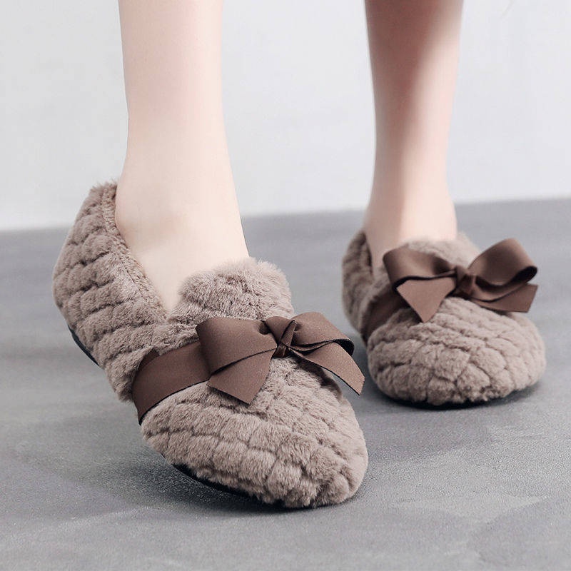 Giày Búp Bê Đế Bằng Lót Lông Cừu Đính Nơ Xinh Xắn Thời Trang Mùa Đông