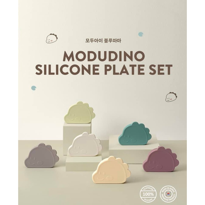 Đĩa ăn dặm KHỦNG LONG kèm nắp Silicon MODUI Bluemama Hàn Quốc