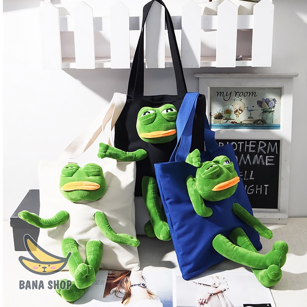 Túi tote vải canvas đeo vai có khoá kéo phối gấu bông ếch xanh Pepe sad frog siêu bựa cho vozer