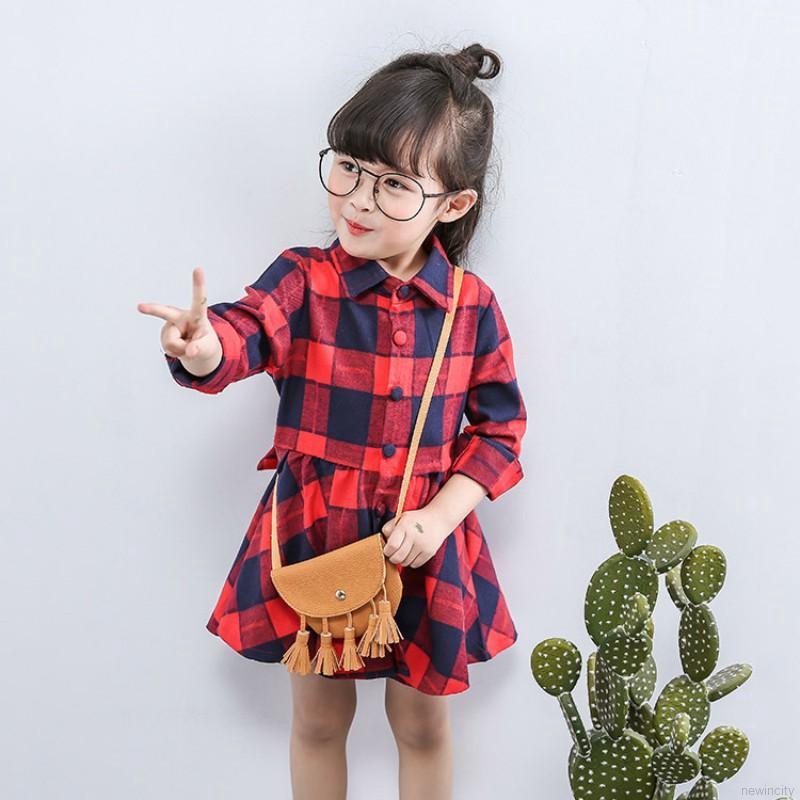 Đầm sơ mi sọc caro đỏ cho bé gái