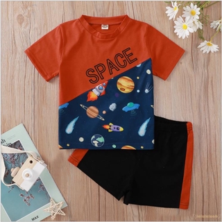 Set Áo Thun Ngắn Tay + Quần Short Họa Tiết Không Gian Cho Bé Trai