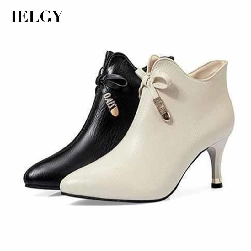 Giày bốt cao gót IELGY cổ thấp mũi nhọn chống thấm nước màu đen/ trắng thời trang dành cho nữ