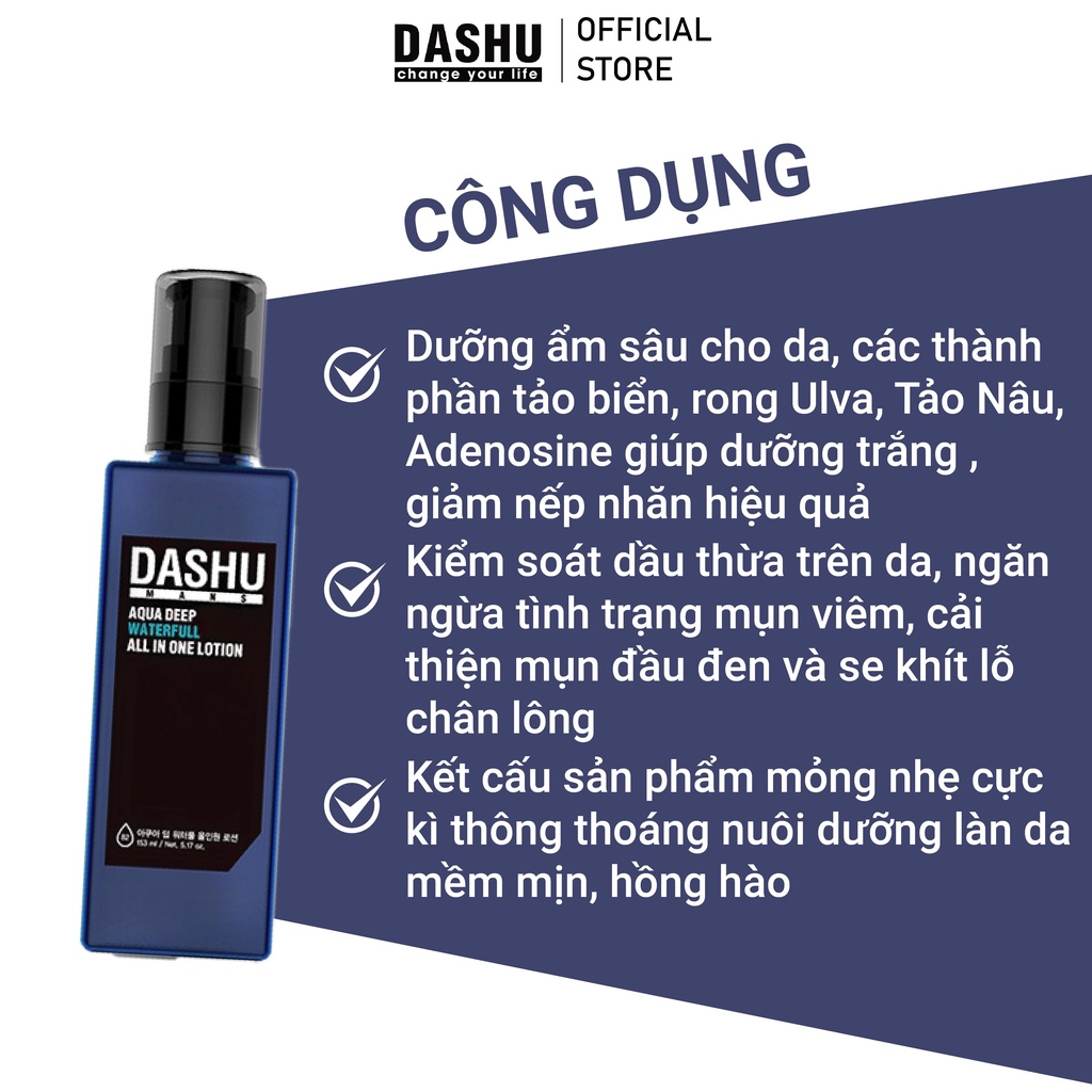 Tinh chất/sữa dưỡng da nam dành cho da dầu Dashu Aqua Deep Waterfull All In One Lotion 153ml