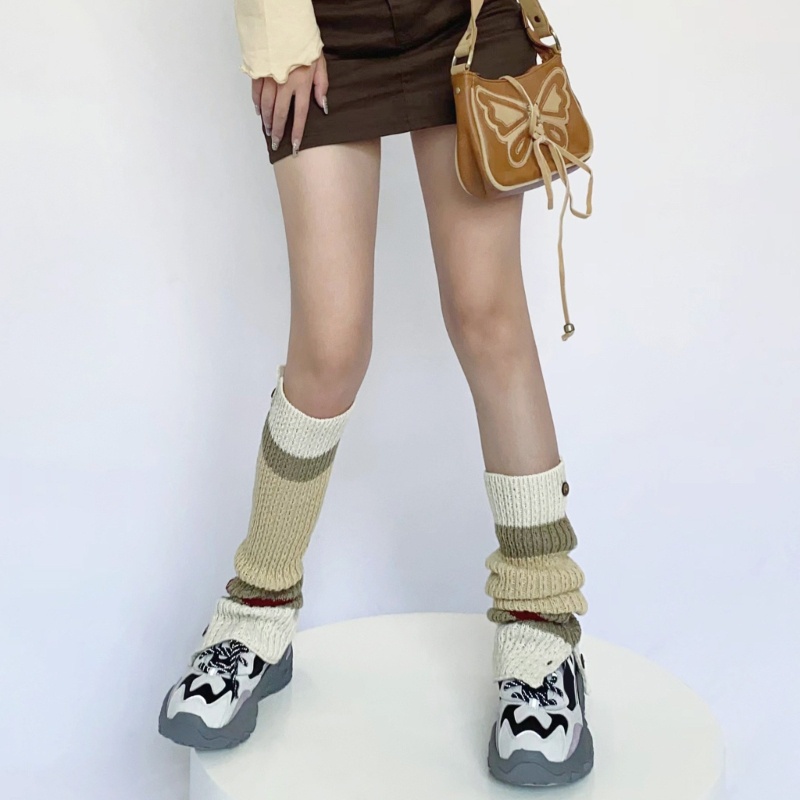 Yoioi Vớ Giữ Ấm Chân Kẻ Sọc Màu Tương Phản Phối Nút Bên Hông Cho Nữ Sinh