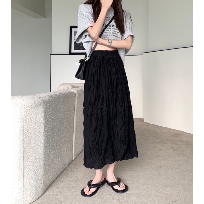 Urihouse - Chân váy nhăn xoè dáng dài midi cạp cao chun màu đen, màu trắng có lớp lót phía trong