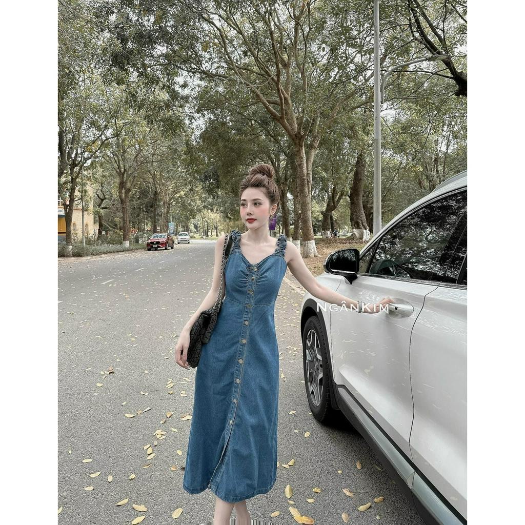Váy hai dây denim dây chun tiểu thư, váy jean nữ dáng dài mát mẻ ảnh thật