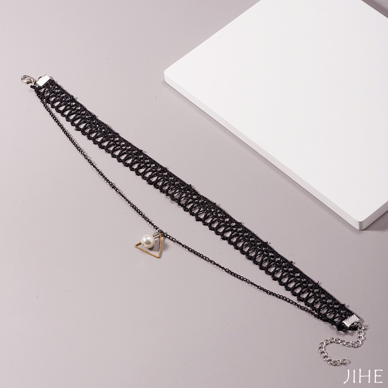 Vòng Cổ Choker Hai Lớp Đính Hạt Ngọc Trai Đen Đơn Giản Thời Trang