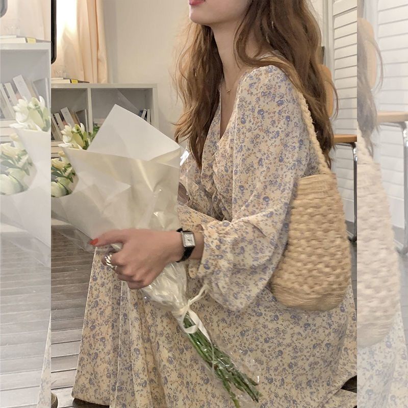 Đầm Chiffon Tay Phồng Dài In Họa Tiết Hoa Phong Cách Pháp Thời Trang Mùa Đông Cho Nữ