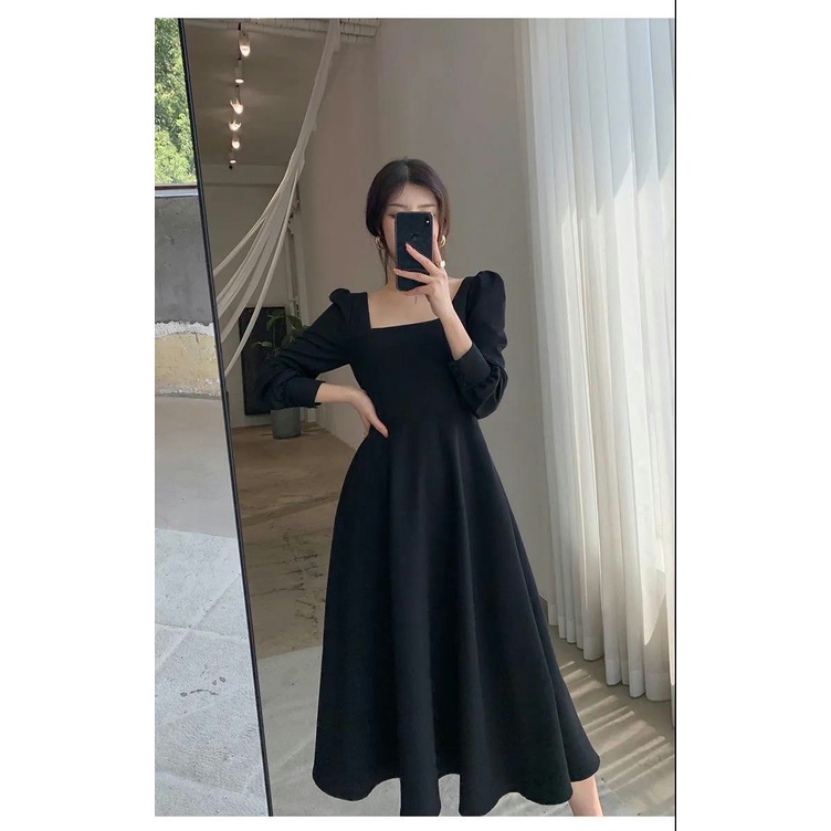 Đầm tay dài cổ vuông màu đen kiểu Pháp phong cách retro thời trang mùa thu 2021 cho nữ