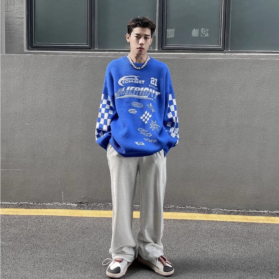 Áo Sweater Nam Tay Dài Cổ Tròn Dáng Rộng Họa Tiết Sọc Caro Phong Cách Retro Hàn Quốc Cao Cấp Cho Nam Bigsize Fashion Unisex  Áo Dài Tay Simple Áo Len Nỉ Nữ