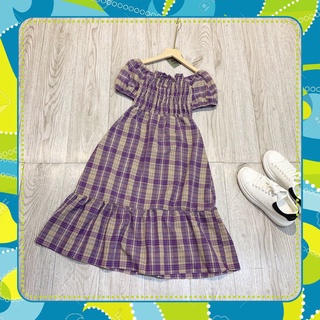 (Sp sẵn) VÁY KẺ TÍM TRỄ VAI ĐUÔI CÁ CHO NỮ - ĐẦM MAXI CARO CỔ VUÔNG MÀU TÍM ULLZANG