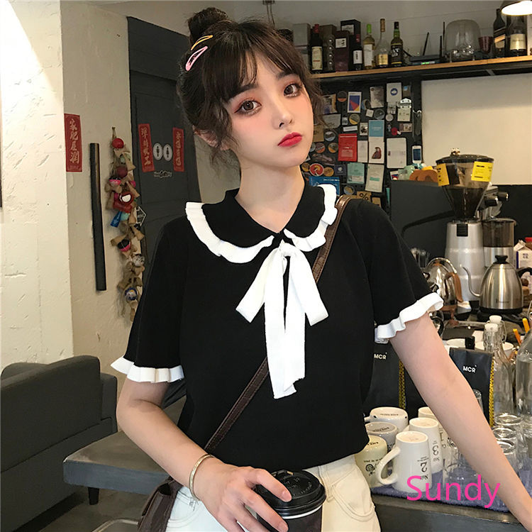 Áo Dệt Kim Tay Ngắn Dáng Rộng Phối Nơ Xinh Xắn Dành Cho Nữ