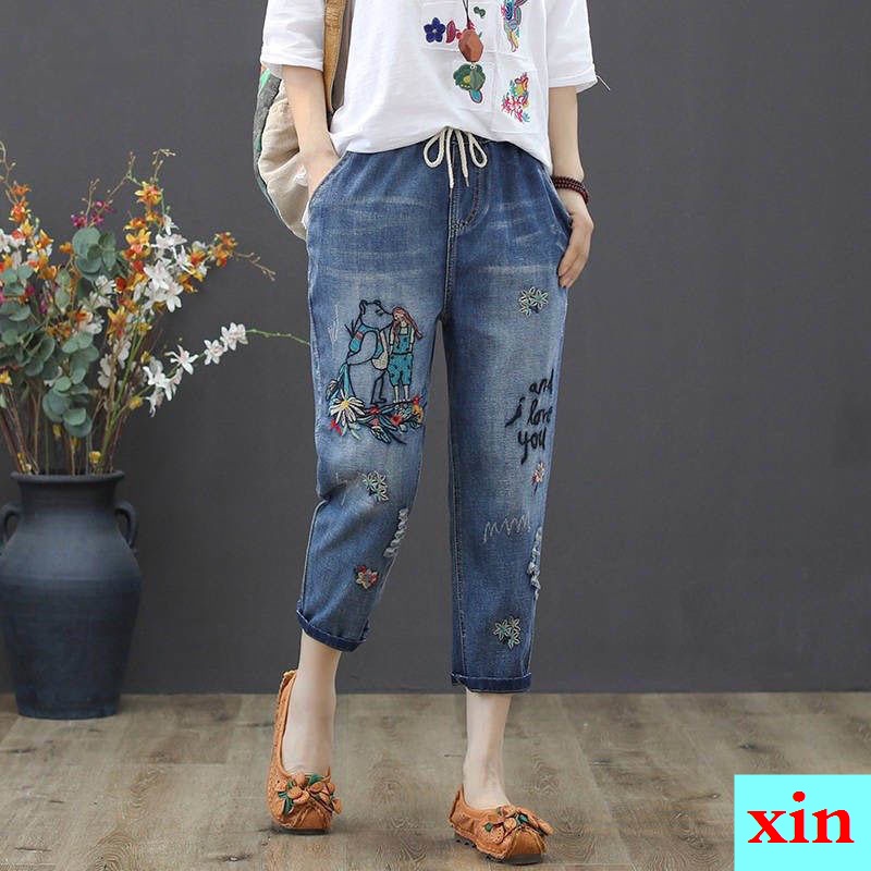 Quần Jean Lưng Thun Cao Ống Rộng Thêu Họa Tiết Thời Trang Mùa Hè Mới Cho Nữ