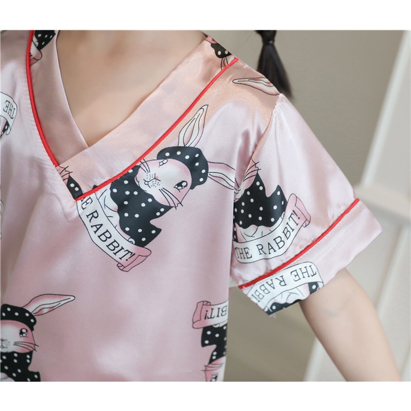 Bộ Đồ Ngủ Bằng Lụa Mát Cổ Chữ V In Họa Tiết Hoạt Hình Dành Cho Bé