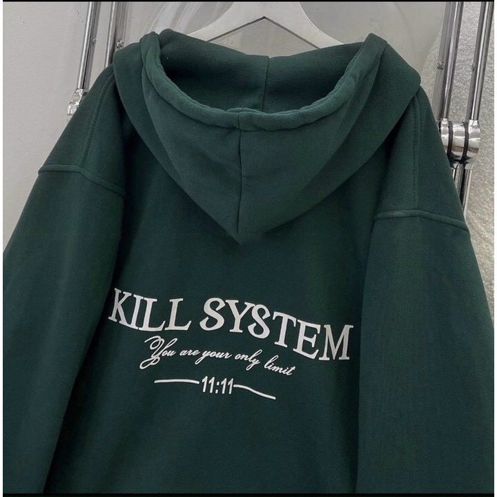 Áo Khoác Xanh Rêu Khóa Kéo Áo Khoác Nỉ Ngoại Mềm Mịn In Chữ Kill Nét Form Unisex Rộng
