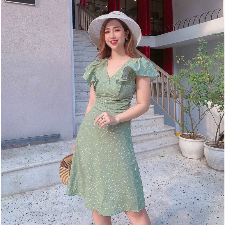 Váy chấm bi cổ chữ V cánh tiên xinh xắn AH08