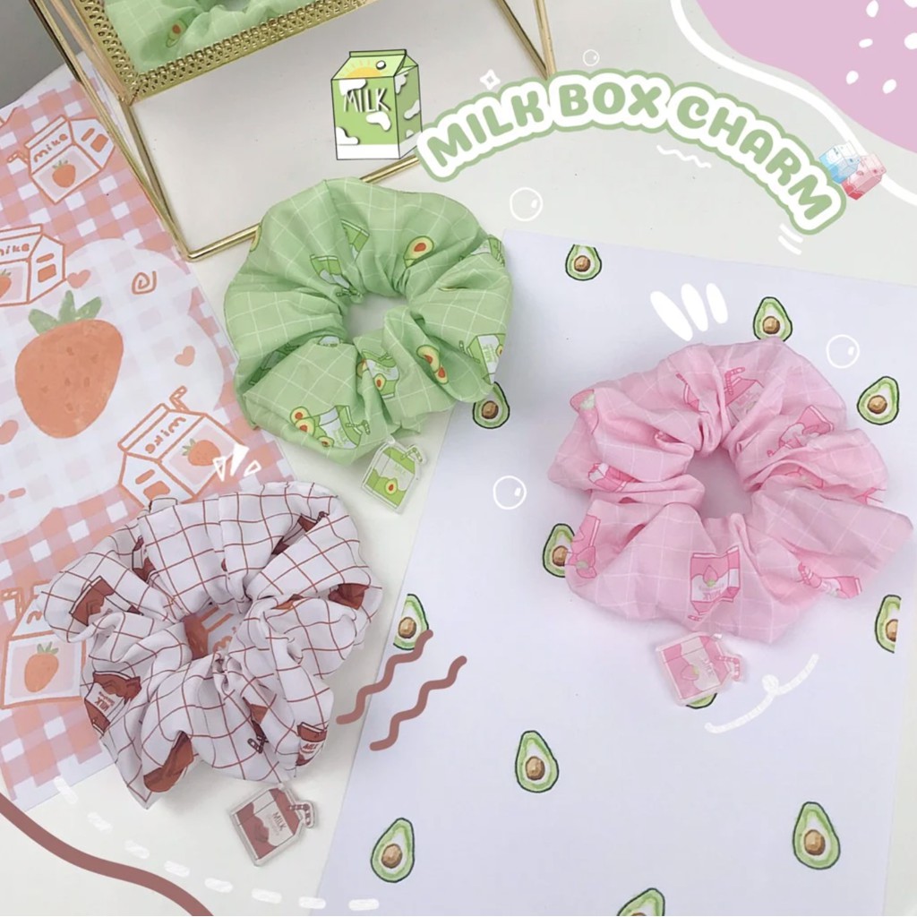 [Giá sỉ] Cột tóc Scrunchies Charm Milk Box Bò sữa- Thùy My Accessories