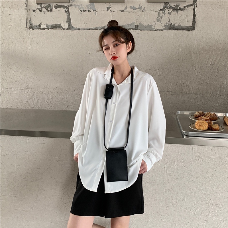 Áo sơ mi kiểu nữ Tay dài Form Dài rộng Ulzzang Hàn Quốc Sơ mi trơn nữ Dài tay Giấu quần Thời trang