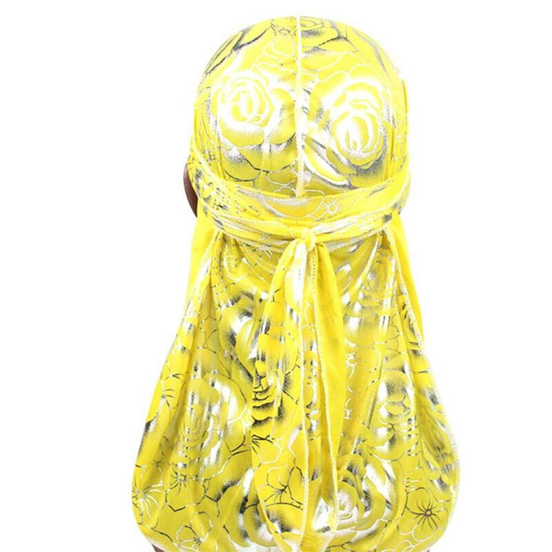 Gold Flower Rose Design Silk Durag Cap Doo rag Scarf Dew rag Wrap Up Luxury