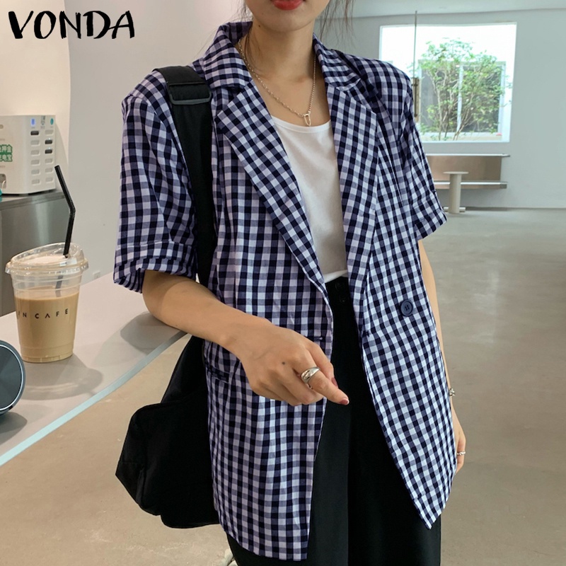 Áo khoác blazer VONDA ngắn tay họa tiết sọc caro phong cách Hàn Quốc | WebRaoVat - webraovat.net.vn