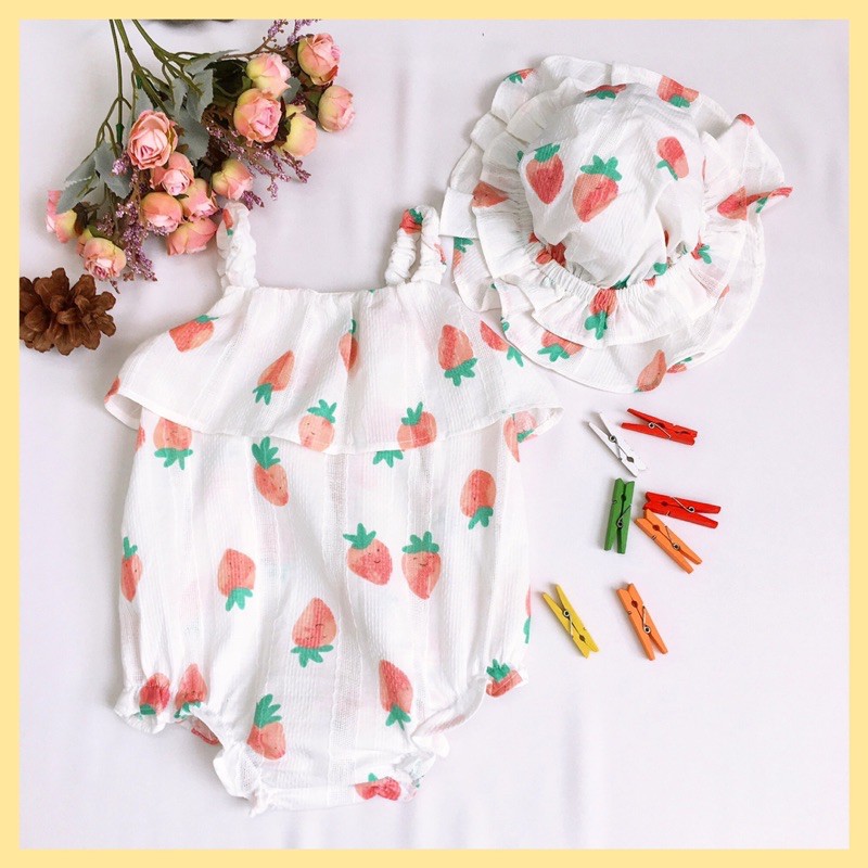 Set áo liền quần (Body suit) hai dây bé gái xinh xắn kèm mũ hoạ tiết dâu tây mùa hè (6-12 tháng)