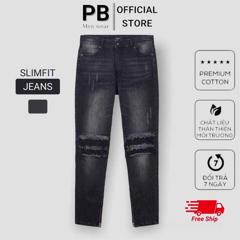 Quần Jean Bò Nam Wash Mài Bạc Rách Nhăn Gối Phối Khoá Ống Phong Cách Streetwear QJ43P