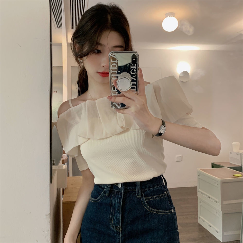 Gentle wind lotus leaf edge shoulder chiffon dress summer 2022 new style shoulder chic short-sleeved blouse