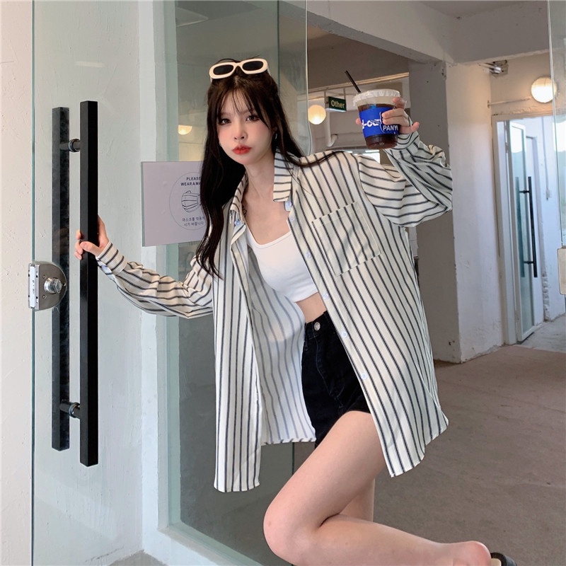 Áo Sơ Mi Tay Dài Họa Tiết Sọc Theo Phong Cách Preppy Dễ Phối Đồ