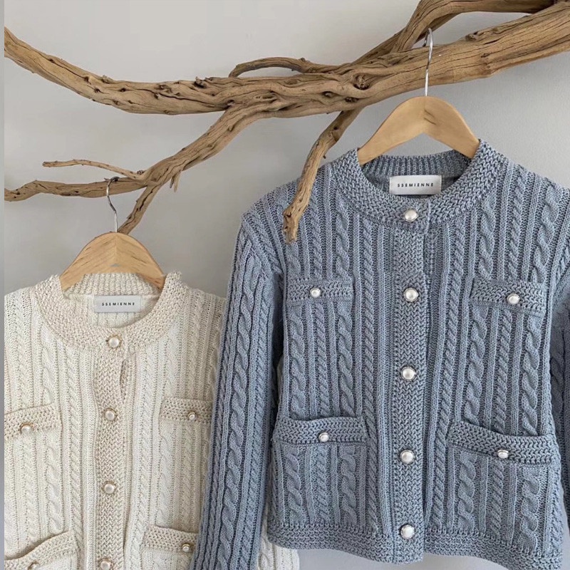 Áo khoác cardigan SUXI dệt kim cổ tròn phối nút phong cách retro Hàn Quốc cho nữ