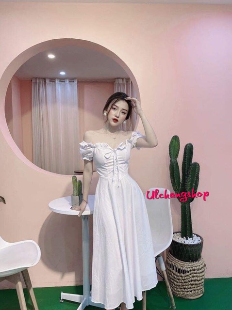 Đầm trắng xoè viền bèo ngực nơ ngực mặc 2 kiểu ulzzang hàn quốc | BigBuy360 - bigbuy360.vn