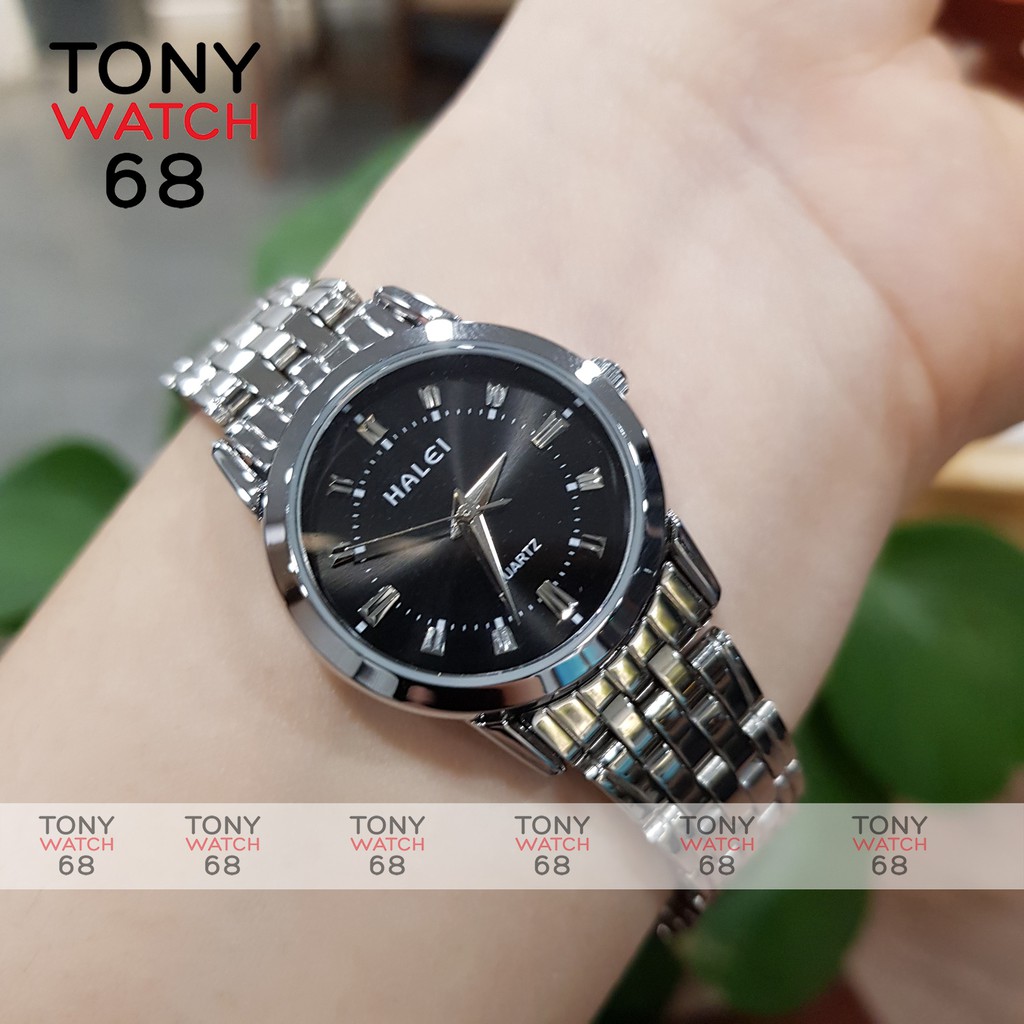 Đồng hồ cặp đôi nam nữ Halei đeo tay dây kim loại vàng bạc số vạch đơn giản chính hãng | BigBuy360 - bigbuy360.vn
