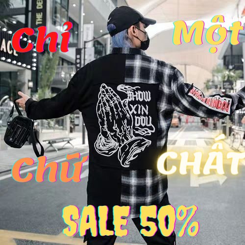 ( BÃO SALE) Áo Sơ Mi Sọc Caro form Rộng Unisex Họa Tiết Tay Phật