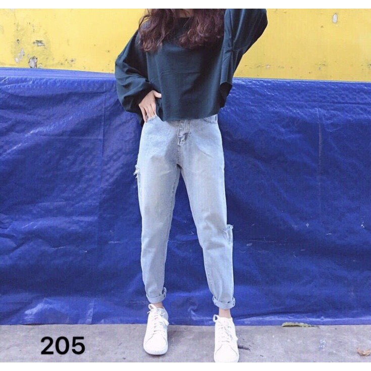 Quần jeans baggy Basic cạp cao rách nhẹ 205, sớ vải dày mịn xịn, bò ngố nữ trơn đơn giản rin xanh nhạt denim bụi đẹp