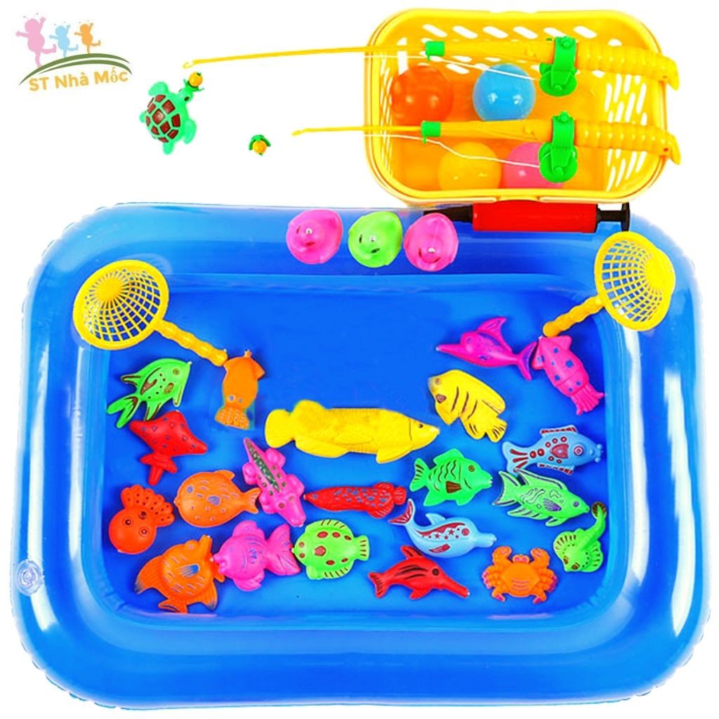 Đồ Chơi Câu Cá Thông Minh - Câu Cá Nam Châm cho bé Tặng Bể Phao kèm 20 sinh vật biển &amp; Rỏ Nhựa - ALOKIDS TB