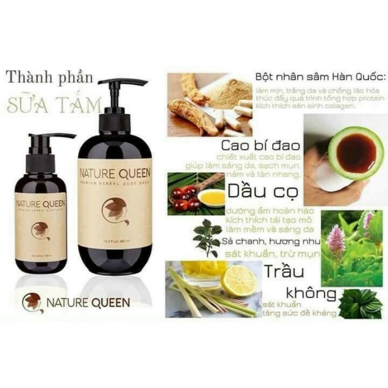 Sữa Tắm Thảo Dược Cao Cấp Chiết Xuất Từ Dược Liệu Natuqueen_480ml:Mềm Mịn,Hương Dịu Nhẹ,Hết Mụn,Dưỡng Trắng Sáng Da STD