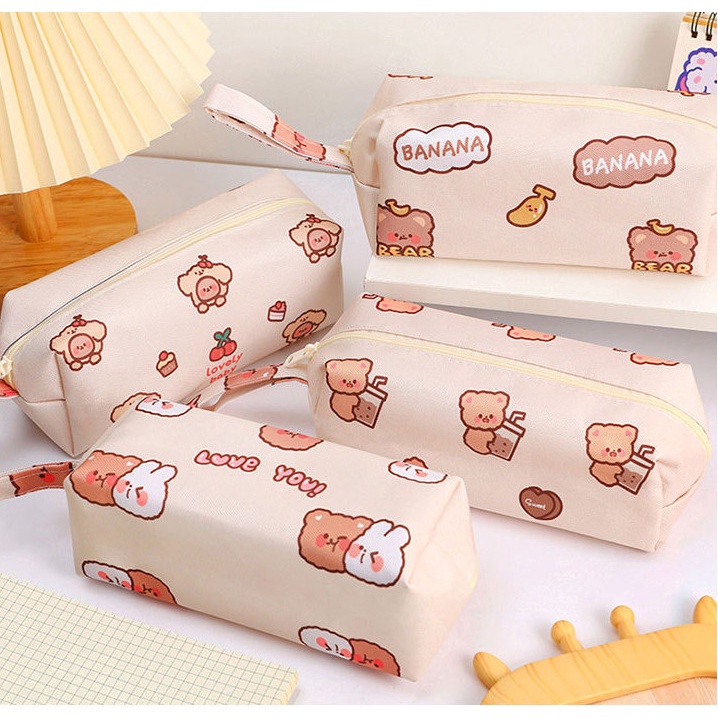 Túi chứa bút thước học sinh gấu thỏ đáng yêu phong cách Hàn Quốc màu be vintage dễ thương
