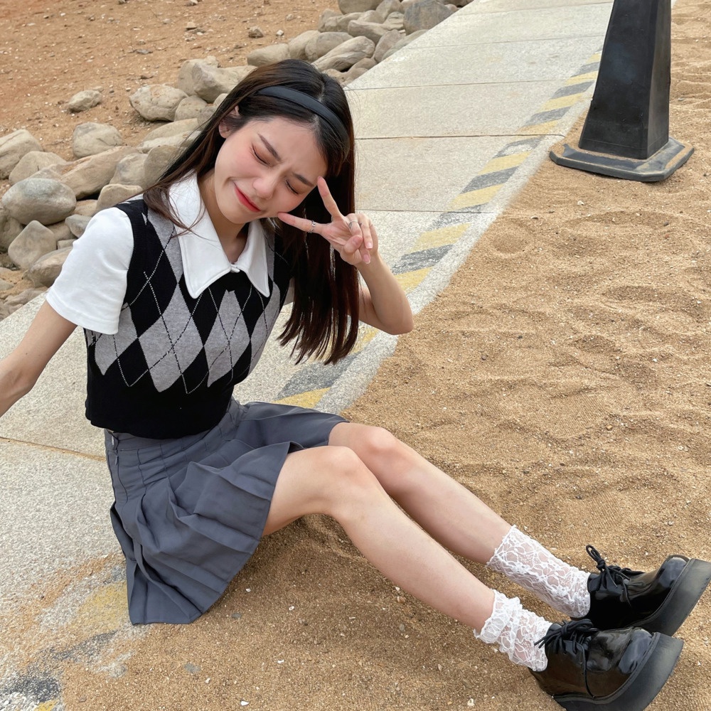 Áo len không tay cổ chữ v họa tiết kim cương thời trang cho nữ