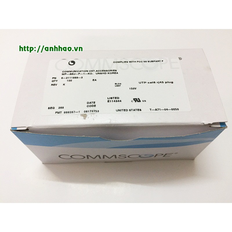 Đầu bấm mạng, hạt mạng cat6 RJ45 Commscope/ AMP loại 1 mảnh PN: 6-2111989-3 (hộp 100 hạt)