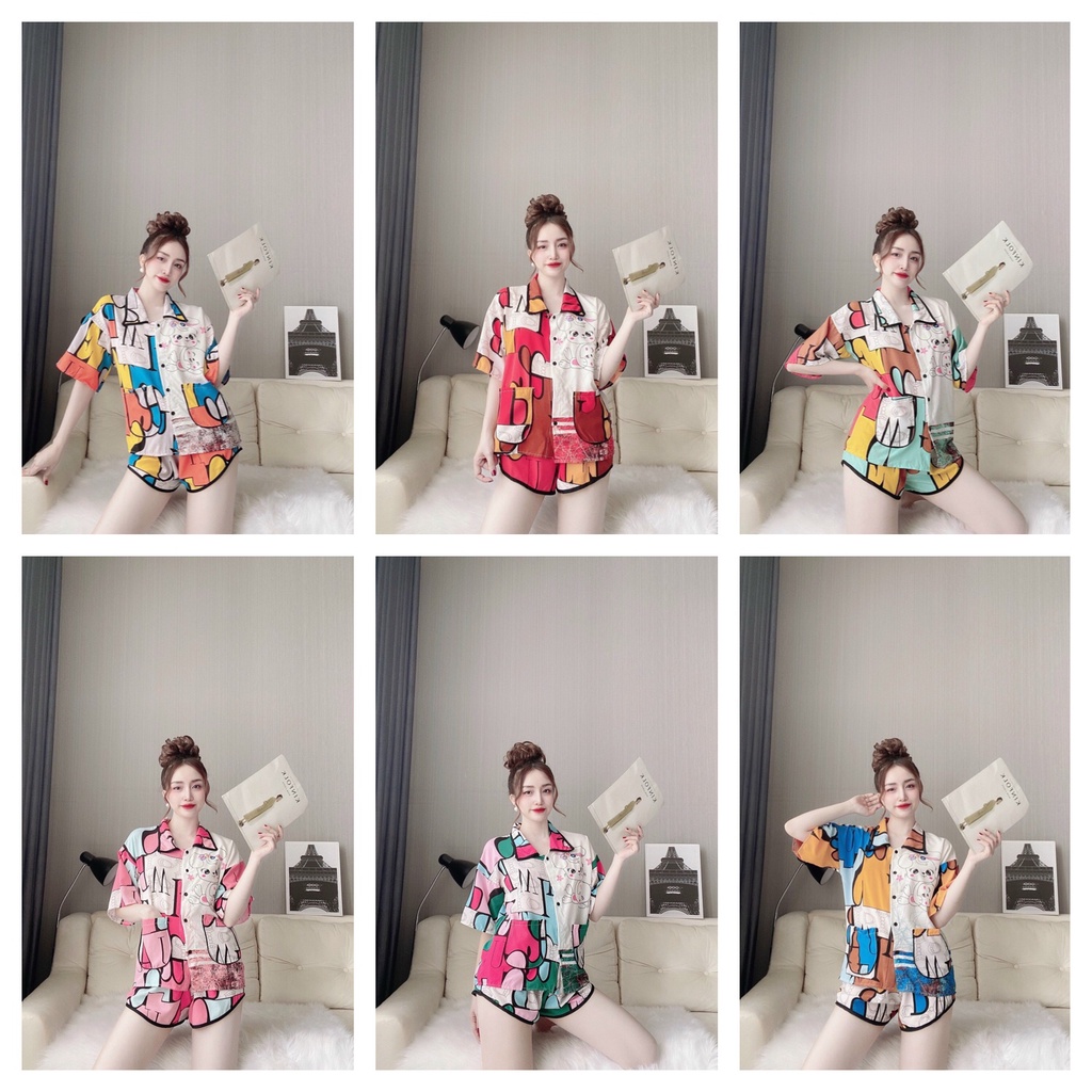 Đồ bộ pijama cộc tay quần cộc cổ nhọn lụa lập thể 3D dưới 58 kg -Đồ bộ mặc nhà ,mặc ngủ siêu xinh