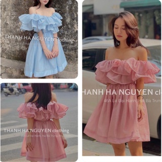 Đầm dự tiệc trễ vai bèo xòe tầng chất voan tơ đầm dạo phố xinh xắn