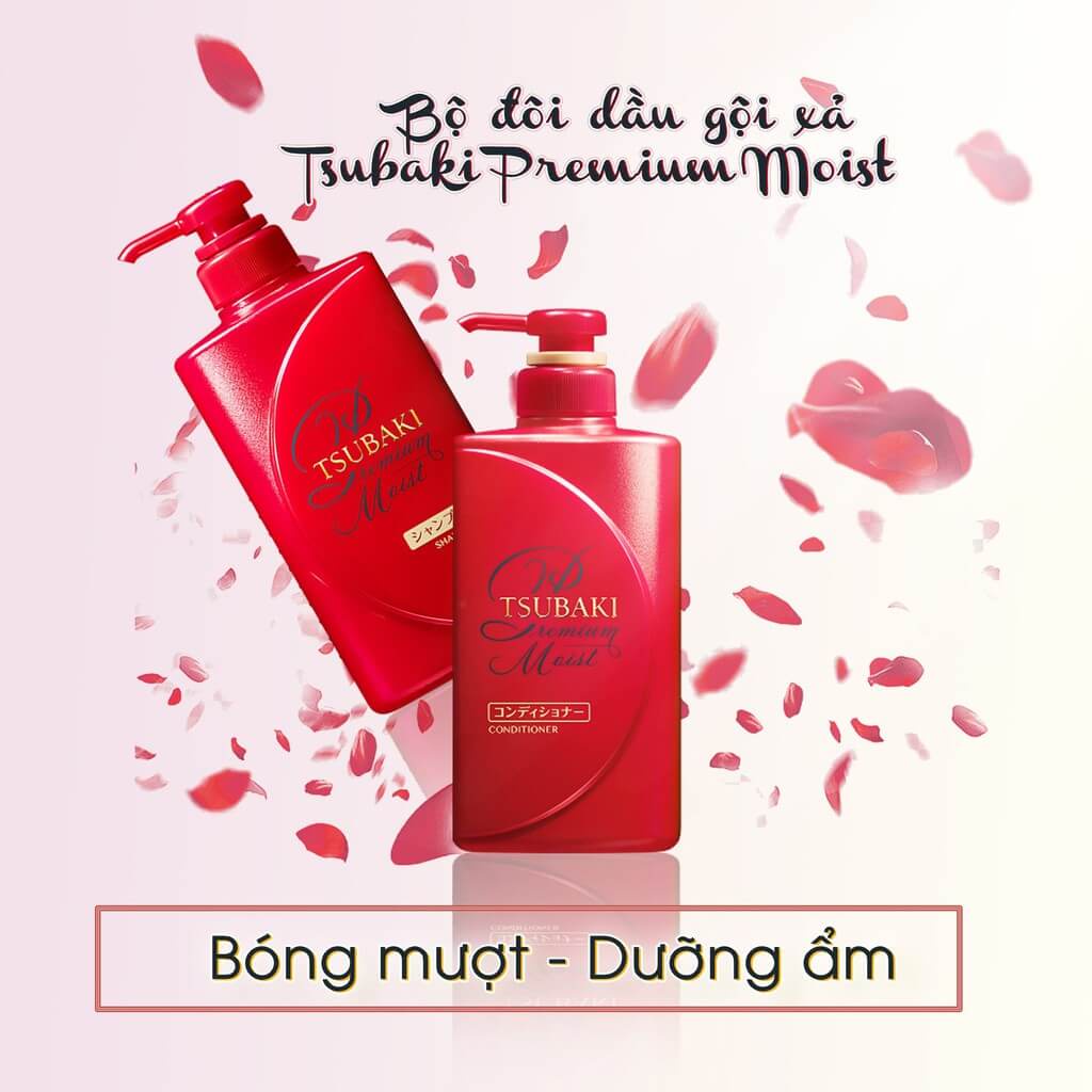 Bộ đôi gội xả Premium Moist Tsubaki. Dưỡng tóc bóng mượt tăng cường độ ẩm suckhoechomoinha
