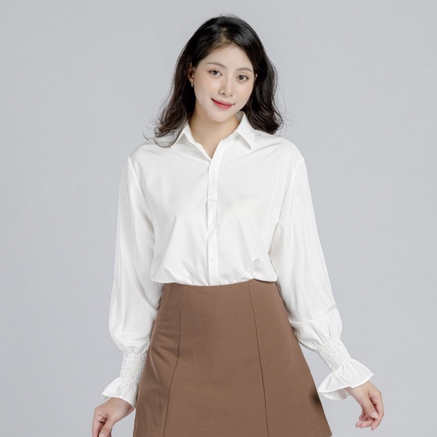 Áo sơ mi nữ FM Style cổ bẻ trơn tay dài bo thun bèo màu trắng thời trang công sở phong cách Hàn Quốc 209080069