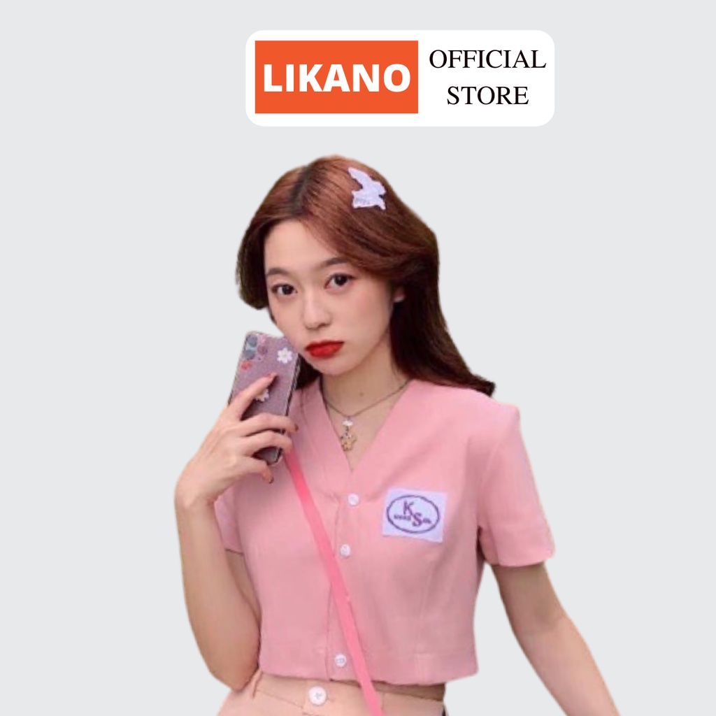 Áo croptop cổ tim thêu chữ 5 màu cúc may cố định chất vải mềm mịn LIKANO CRT03
