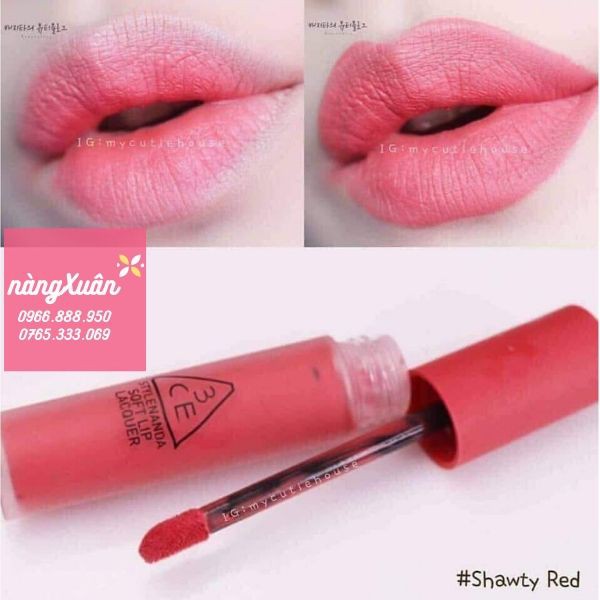 (AUTH, TEM HIDDEN TAG) Son Kem 3CE Soft Lip Lacquer Shawty – Hồng Tươi