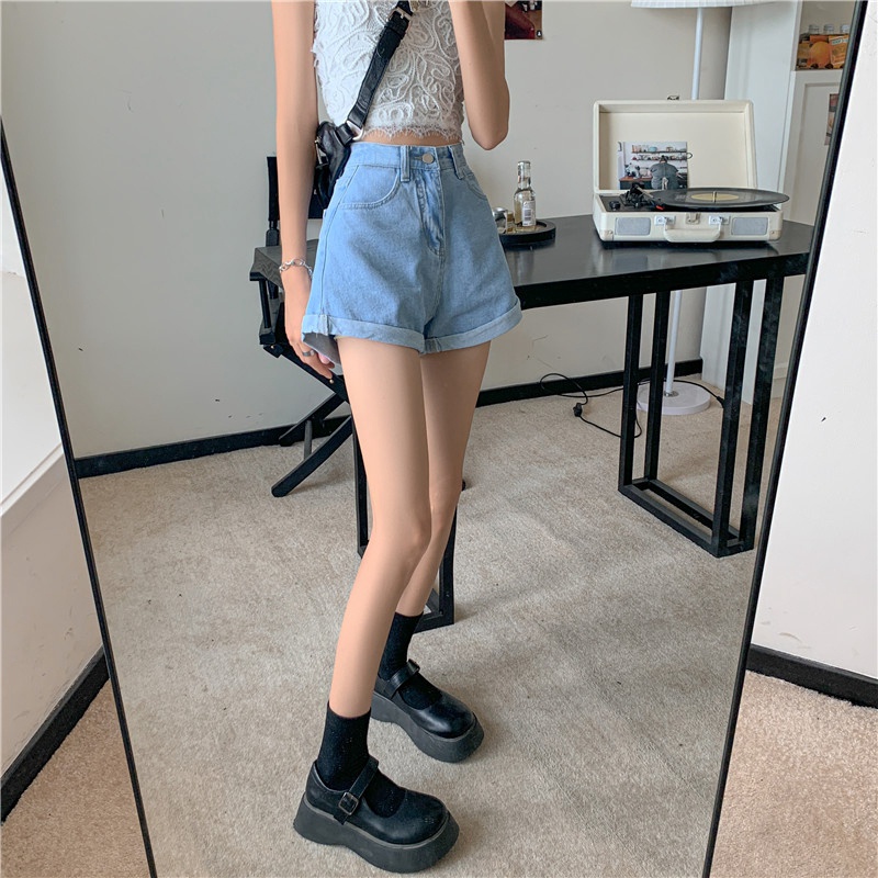 Quần Short Denim Ống Rộng Lưng Cao Màu Trơn Thời Trang Mùa Hè Hàn Quốc Cho Nữ