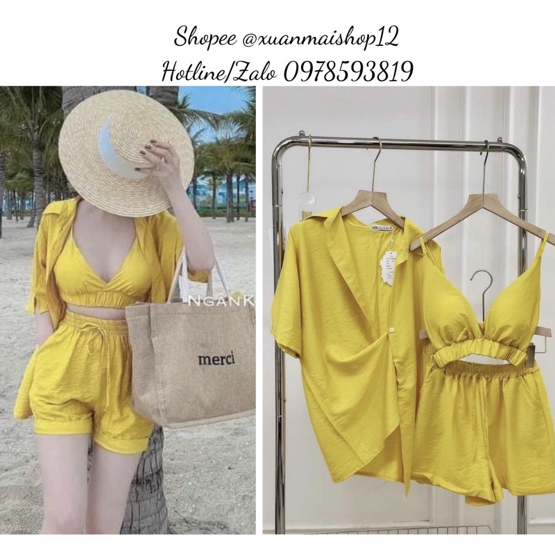 [Ảnh thật] Set đồ nữ đi biển, set đồ nữ đi chơi, set quần áo chất đũi màu vàng hai dây cột nơ quần short bo chun