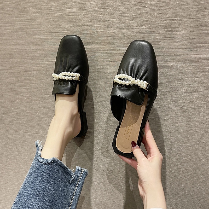 IELGY Dép bít mũi một chiều đính ngọc trai giả phong cách Hàn Quốc